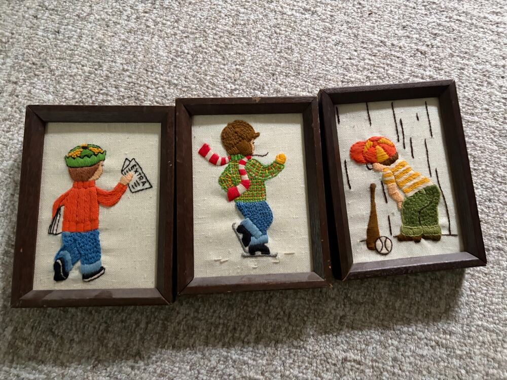 Set of 3 1970s Sunset Designs Framed Needlepoint Embroidery Newspaper Baseball